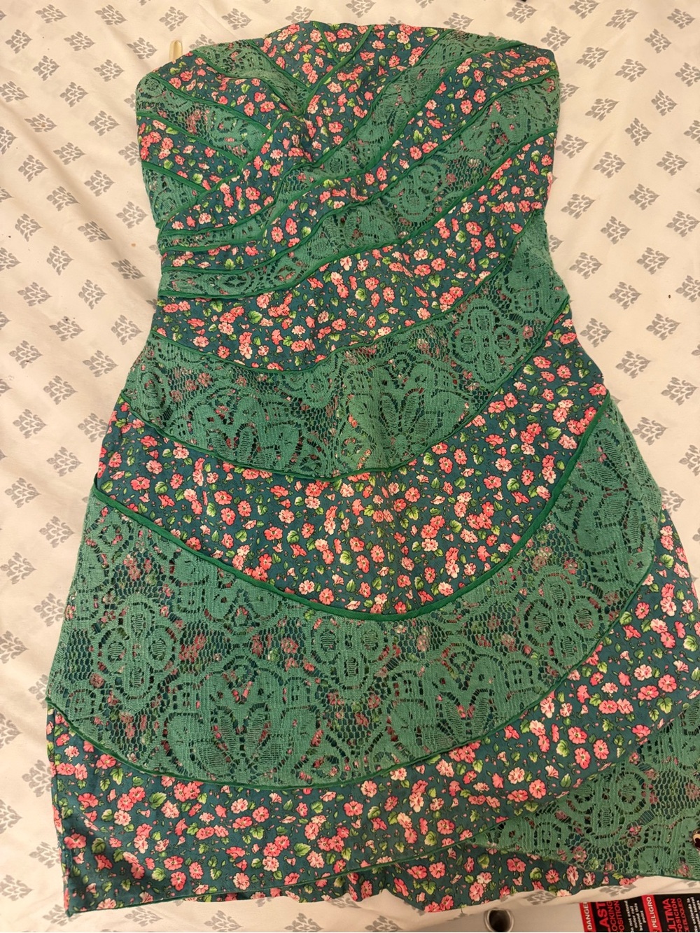 Farm Rio Brazil Green Floral Lace Strapless Dress